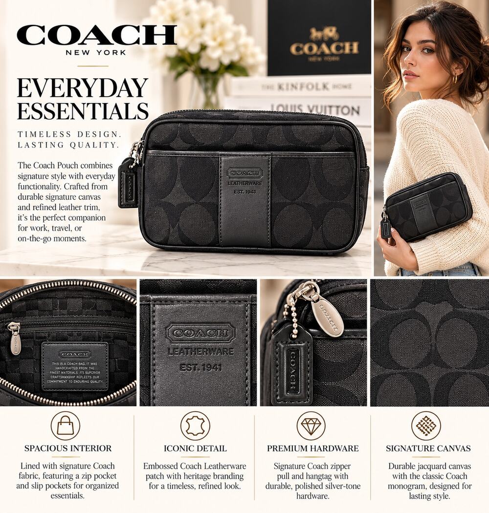 Coach Black Jacquard Signature Toiletry Pouch with hangtag